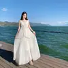 Hermosa Falda Larga de Playa junto al Mar, Falda Blanca Plisada Atmosférica, Falda Larga, Atuendo para Vacaciones en la Isla, Conjunto de Falda