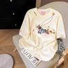 Camiseta de Algodón Puro de Manga Corta para Mujer, Bordada con Cachorro, Estilo High Street Americano, Nueva de Verano 2025, Top Corto Holgado de Nicho