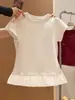 Estilo Nuevo de Verano 2026 Top Corto de Encaje Ajustado Versátil Patchwork de Encaje Blanco Camiseta de Manga Corta con Hombro Normal para Mujer