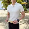Camiseta Polo Masculina de Malha Canelada Respirável de Seda Gelada para o Verão 2025, Cor Sólida Versátil, Manga Curta Confortável, com Gola de Lapela