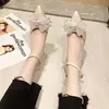 Zapatos de tacón de una sola tira con lazo de pedrería estilo francés para mujer, nuevos tacones altos 2026, perfectos con vestidos, tacones de aguja, punta fina, zapatos de dama de honor