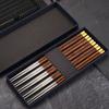 Palillos de Madera de Ala de Pollo con Titanio Puro de Cristal, Palillos de Acero Inoxidable 304, Palillos Antideslizantes de Secuoya, Palillos de Madera Maciza, 5 Pares en una Caja de Regalo