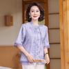 Vestido de Verão para Nova Mãe 2025 Novo Chiffon Chinês de Manga Curta para Mulheres de Meia-idade Top Elegante de Verão Estilo Nacional Camisa de Manga Média