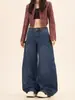 Jeans Scimitar Retro Americano com Bolsos Grandes para Mulheres, Estilo Primavera e Outono, Design Trendy High Street, Calça Solta de Pernas Largas Comprimento Total