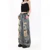 Jeans Ripped com Estampa de Tinta Estilo Retro Wasteland Americano para Mulheres, Novo Design de Verão, Calças de Cintura Alta Soltas de Pernas Largas