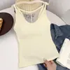 Popular Top de Algodón Puro Estilo Coreano, Largo, Versátil, Ajustado, con Almohadillas en el Pecho, Camisola para Mujer con Espalda Descubierta de Encaje