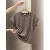 Camiseta de Manga Corta para Mujer, Estilo Nuevo de Verano 2026, Adelgazante, Color Caqui Oscuro con Mangas Acampanadas, Algodón Puro