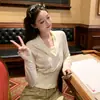 Top de punto con cuello fruncido y estampado de diamantes, estilo retro relajado para mujer, primavera y otoño, entallado en la cintura, adelgazante, capa interior, top corto