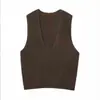 Chaleco de punto color marrón oscuro estilo Maillard para mujer, nuevo top corto sin mangas de alta gama para principios de otoño de 2026