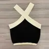 Camisola de Verano con Cuello Halter Combinación de Colores Blanco y Negro Estilo Sexy Europeo y Americano Diseño Puro Deseo Off-Shoulder Top de Punto para Mujer