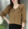 Novo top versátil de outono, gola redonda com detalhe em renda, cor sólida, caimento justo, manga longa, blusa estilosa com cordão
