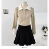 Tricô de Base Manga Longa Color Block Retro Coreano Gola Polo de Contraste Outono e Inverno Novo Slim Look Emagrecedor Top para Mulheres