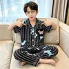 Pijama Infantil para Meninas e Meninos de Primavera e Outono, Manga Curta e Calça Longa, Roupa de Casa com Desenhos Animados para Crianças Maiores