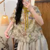 Camisa Casual de Verano con Nuevo Diseño, Encaje Plisado, Rejuvenecedora, para Mujer, Algodón y Lino Artístico, Cuello Estampado, de Atar