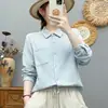Camisa de manga larga de gasa de algodón de doble capa estilo japonés para mujer, suave y amigable con la piel, algodón puro, diseño de cuello alto, top con bolsillo grande