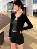 Cardigã de malha preto, jaqueta fina, look de outono para mulheres, conjunto de duas peças com camisola, top estiloso de manga longa, estilo coreano