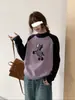 Suéter de Gola Alta Meia Manga Raglã Contrastante Jacquard Divertido de Pônei Macio Ceroso Solto Tricô Top Outono Inverno Versátil Zdj