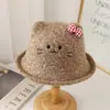 Sombrero de Pescador de Terciopelo de Cordero Lindo Gato para Invierno Mujeres Cálido Ala Ancha Versátil Sombrero Pequeño con Lazo de Orejas