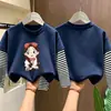 Camiseta de algodão puro de manga longa para meninas, estilo primavera e outono, corte solto, blusa base estilo duas peças falsas, gola redonda estilosa para meninas