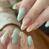 Uñas Postizas de Encaje con Gradiente Verde Menta Verde Leche Transparente Blanqueamiento Mediana Longitud Almendra Puntas Suaves para Uñas