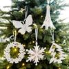 Decoraciones navideñas colgante acrílico blanco mariposa copo de nieve guirnalda árbol de Navidad adornos placa de palabras mixtos con purpurina