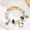 Pulsera Pan's New Simple con Colgante de Estrella de Línea Negra con Diamantes y Cuentas de Vidrio Negro, Separador de Trébol de Cuatro Hojas