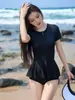 Estilo Ins Estilo Coreano Color Puro Manga Corta Simple Puro Deseo Traje de Baño de una Pieza Vacaciones para Mujer Protección Solar Sexy Nuevo Estilo de Vacaciones