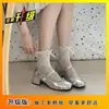 Sapatos pequenos de couro prateados franceses com laço salto grosso sapatos de salto único para mulheres uso externo 2026 novo estilo para combinar com saias boca rasa sapatos Mary Jane