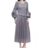 Moda Primavera y Verano Vestido Plisado 2025 Nuevo Transfronterizo Elegante Elegante Cuello Redondo Manga Larga Falda de Longitud Media Ropa de Mujer