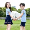Roupa de Jardim de Infância Conjunto de Manga Curta Estilo Britânico Infantil Infantil Infantil Infantil Uniforme Escolar para Meninos e Meninas Conjunto Azul de Duas Peças