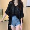 Estilo coreano V-neck Hollow-out Knitted Sweater Mulheres Summer Fishing Net Ice Silk Sunscreen Blusa manga curta solta Loose Loose Top