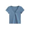 25 Nuevas Camisetas de Verano de Cuello en V con Botones y Manga Corta para Mujer Retro Europeo y Americano Elásticas Slim de Cintura Alta Cortas que Dejan el Ombligo al Descubierto Tops Nicho