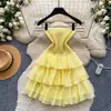 Vestido Dulce Sin Mangas Estilo Francés para Mujer, Vestido de Verano Amarillo con Volantes en Niveles, Favorecedor y Elegante para Figuras Pequeñas