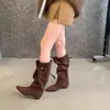 Botas Altas de Estilo Coreano Retro para Mujer, Temporada Primer Encuentro, Punta Fina, Adelgazantes, Hebilla de Cinturón, Botas con Volantes, Aumento Interno de Altura, Botas Largas
