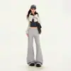 Pantalones casuales para mujer con pierna acampanada, cintura pequeña en V, estilo americano, hasta el suelo, plisados, pantalones largos grises de alta gama, pantalones cargo extralargos