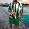 Estilo Europeu e Americano 2025 Roupa Casual Transfronteiriça Masculina com Listras Estampadas Camisa de Manga Curta Calças de Comprimento Médio Calças de Praia Masculinas