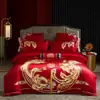Juego de cuatro piezas para boda de algodón de fibra larga de 120 hilos en color rojo brillante con dragón y fénix bordados, juego de seis piezas para dote de boda, colcha de algodón de estilo chino