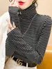 Top térmico de cuello alto a rayas blancas y negras para mujer, moderno y elegante, con un toque de alta gama, adecuado para otoño e invierno