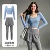 Conjunto de Yoga Quadrado Curto para Mulheres, Slim Fit, Manga Longa, Cintura Alta, Elástico, Falso Duas Peças, Pilates, Levantamento de Peso, Conjunto Fitness Duas Peças
