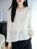 Camiseta Base de Seda de Hielo Hueca con Cuello en V de Nueve Mangas para Mujer, Primavera y Otoño, Delgada, Adelgazante, Francesa, Versátil, para Superponer