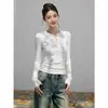 Camiseta base práctica y básica de manga larga con cuello Henley y media botonadura para mujer, adecuada para primavera y otoño, un top de punto acanalado para el trabajo o para usar casualmente