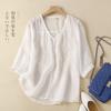 Camisa de linho de algodão de manga média bordada verão novo top fino elegante camisa bonita solta
