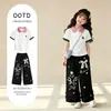 2026 Nuevo Estilo Top tipo Polo de Verano para Niñas con Encaje de Lazo Estilo Universitario Pantalones de Pierna Ancha Pantalones Casuales Conjunto de Dos Piezas