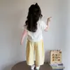 Conjunto de Dos Piezas con Estampado de Dibujos Animados para Niñas Verano 2026 Nuevo Mangas Cortas Pantalones de Pierna Ancha Conjunto Elegante para Niños de Preescolar y Primaria