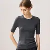 Camiseta de manga corta para mujer, cuello redondo, ajuste ceñido, de hilo Yangzi 100% lana de hilado fino, top de punto suave y cómodo