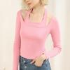 Ropa de otoño para mujer nueva halter falso de dos piezas manga larga hombros descubiertos camisa básica camiseta moderna estilo Hong Kong corte ajustado top ins