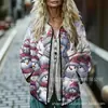 Sudadera de Algodón Acolchada para Mujer Estilo Nuevo 2025 Cuello Alto Floral Retro Rayas Otoño e Invierno Botones Sudadera para Mujer