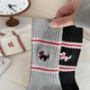 Calcetines de Cachorro Bordados a Rayas Estilo Coreano Otoño e Invierno para Mujer Doble Aguja Algodón Puro Calcetines Medianos Nicho Estilo Extranjero Ropa Exterior Calcetines Apilados