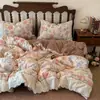 Juego de ropa de cama de doble capa de gasa con encaje francés, mezcla de lino y algodón engrosado para otoño e invierno, con funda nórdica de estilo retro adecuada para todas las estaciones.