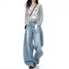 Jeans anchos de pierna recta lavados estilo americano para mujer, nuevo de verano 2026 high-street holgados, pantalones tipo guadaña rectos adelgazantes